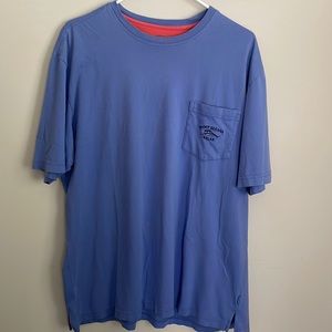 Tommy Bahama Relax Blue T-shirt Orange accents on inside neck and side slits- L